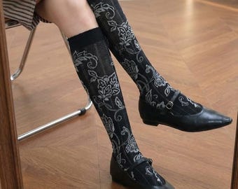 French Pastoral Crew Hosiery, Retro Floral Mid Calf, Elegant Cottagecore Legwear, Vintage Women Knit