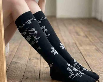 Retro Black Calf Hosiery, Patterned Knee Highs, Japanese Style Long Legwear, Vintage Jacquard Stocking