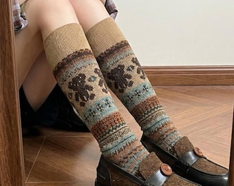 Retro Bear Argyle Hosiery, Winter Calf Legwear, Artsy Casual Stocking, Cute Animal Knit Pattern