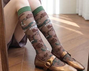 French Floral Crew Hosiery, Pastoral Retro Legwear, Cottagecore Flower Knit, Elegant Women Stocking