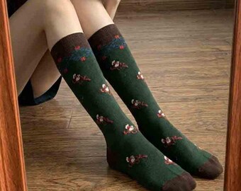 Retro Elegant Green Calf Hosiery, Knee High Long Legwear, Japanese Style High Tube Stocking