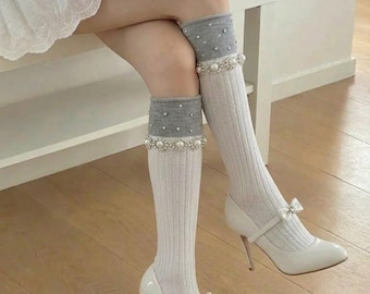 Elegant Rhinestone Cotton Footwear, Knitted Contrast Pearl Calf Hosiery