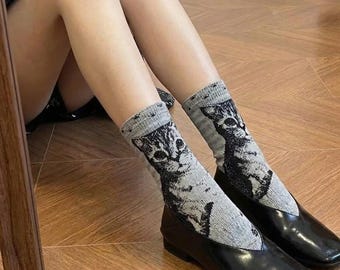 Vintage Cat Element Mid-Calf Footwear, Elegant Casual Hosiery for Women