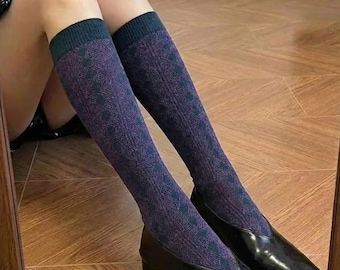 Purple Argyle Knee Highs, Retro Diamond Pattern Hosiery, Elegant Slouchy Legwear, Vintage Relaxed Stocking