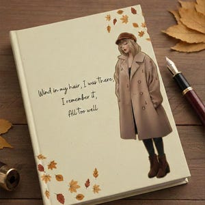 May include: A cream-colored journal with the text "Wind in my hair, I was there, I remember it, All too well." features an illustration of a woman in a brown coat. Autumn leaves decorate the cover. A pen rests on the wooden surface.