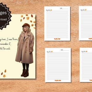 May include: A digital download journal with a beige cover featuring an illustration of a person in a brown coat, with text that reads "Wind in my hair, I was there, I remember it, All too well." Includes lined pages.