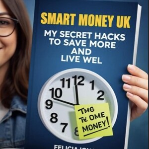 Puede incluir: Portada del libro "SMART MONEY UK" con el texto "MY SECRET HACKS TO SAVE MORE AND LIVE WELL." El diseño incluye una esfera de reloj y una nota adhesiva amarilla con las palabras "TMG TE OME MONEY!" de Felicia Ignat.