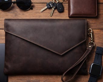Genuine Crazy Horse Leather Clutch Bag, Dark Coffee Brown, Men's Travel Pouch