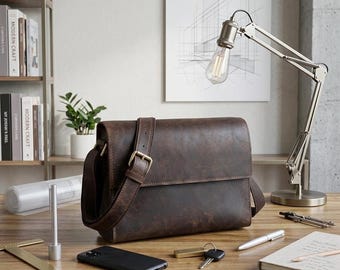 Genuine Leather Messenger Bag: Vintage Laptop Satchel, Coffee Brown Crossbody Gift