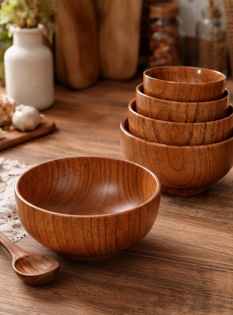 Puede incluir: Conjunto de cuencos de madera de diferentes tama&ntilde;os, apilados y dispuestos sobre una superficie de madera. Los cuencos tienen un acabado de veta de madera natural y est&aacute;n vac&iacute;os. Una cuchara de madera descansa cerca, sugiriendo un entorno de cocina o comedor.