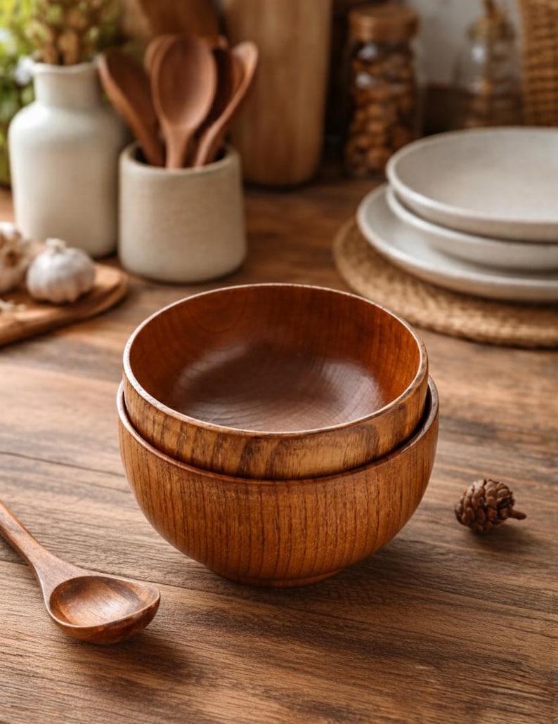 Puede incluir: Dos cuencos de madera apilados, mostrando un color marr&oacute;n c&aacute;lido. Los cuencos tienen un interior liso y un exterior texturizado. Una cuchara de madera descansa cerca, junto con otros utensilios de cocina, sugiriendo una est&eacute;tica r&uacute;stica y natural.