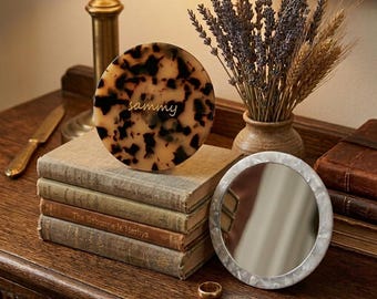 Personalised Tortoiseshell Compact Mirror: Handheld Makeup Vanity Accessory