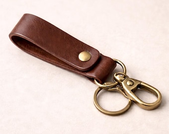 Leather Keychain for Men & Women – Minimalist Brown Leather Key Fob – Brass Hardware – Everyday Carry Gift