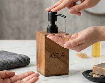 Customized Wooden Soap Dispenser : Refillable Hand Wash & Dish Soap Bottles with Pump , Sink Organisation