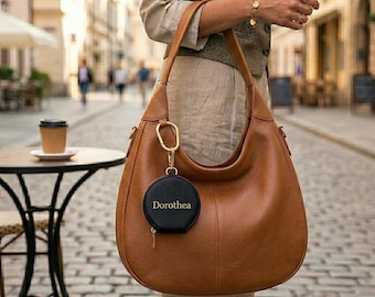 Leather Keychain Pouch : Round Leather Coin Purse - Keyring Bag -  Gift for Women & Men-Personalized