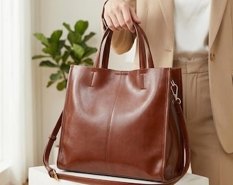 Genuine Leather Tote Bag: Top Grain Cowhide Shoulder Handbag for Women