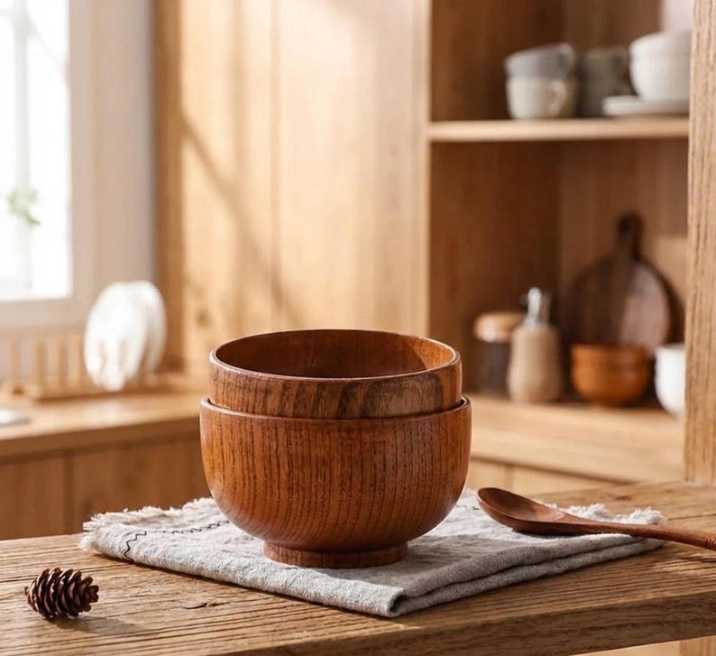 Juego de cuencos de madera hechos a mano - Cuencos naturales para servir - Decoración rústica de cocina imagen 2