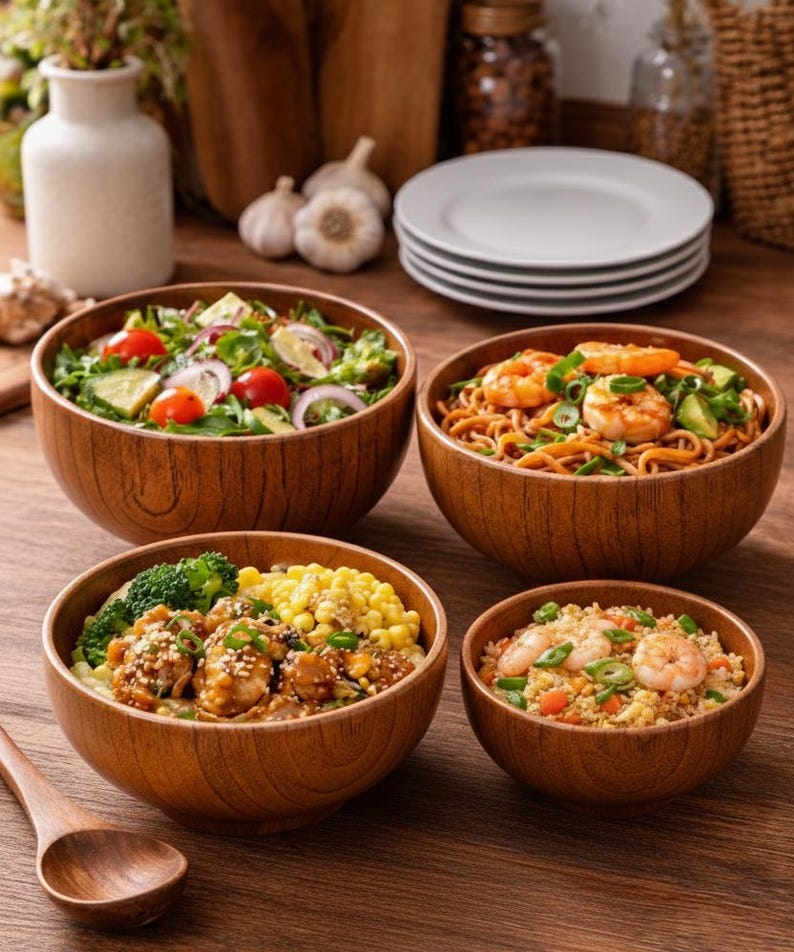 Puede incluir: Cuatro cuencos de madera con diversos platos: ensalada con tomates y pepinos, fideos con camarones, pollo y br&oacute;coli, y arroz frito con camarones. Los cuencos est&aacute;n colocados sobre una mesa de madera.