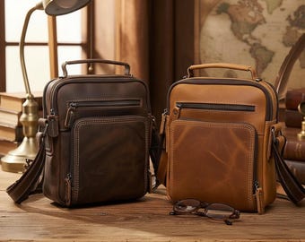 Handmade Distressed Leather Crossbody Bag: Full Grain Organizer, Men Women Carryall