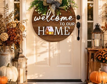 Rustic Wooden Door Sign | Faux Greenery Wreath, Farmhouse Welcome Decor