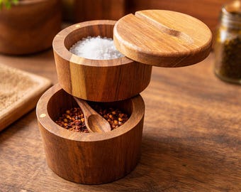 Personalized Acacia Wood Spice Box Set | Rustic Farmhouse Kitchen Storage Organizer