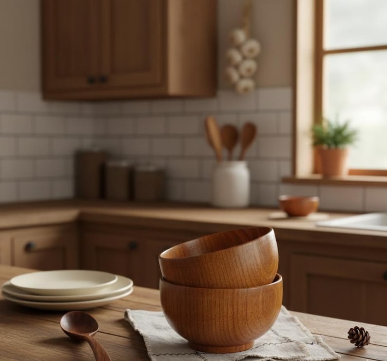 Juego de cuencos de madera hechos a mano - Cuencos naturales para servir - Decoración rústica de cocina imagen 7