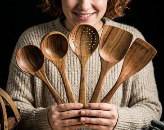 Juego de 5 cucharas de madera para cocinar – Utensilios de cocina antiadherentes y ecológicos