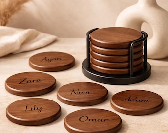 Custom Wooden Coasters with Names: Geometric Set with Iron Stand (Housewarming, Wedding)