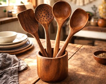 Juego de cucharas de madera rústicas para cocinar: utensilios de cocina ecológicos