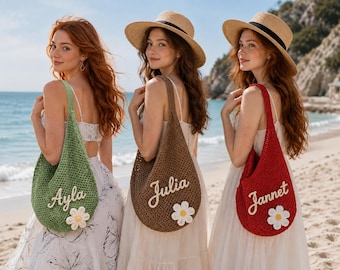 Personalized Knitted Bag with Embroidered Name: Summer Bag, Bachelorette , Floral Crochet Bride Beach Bags