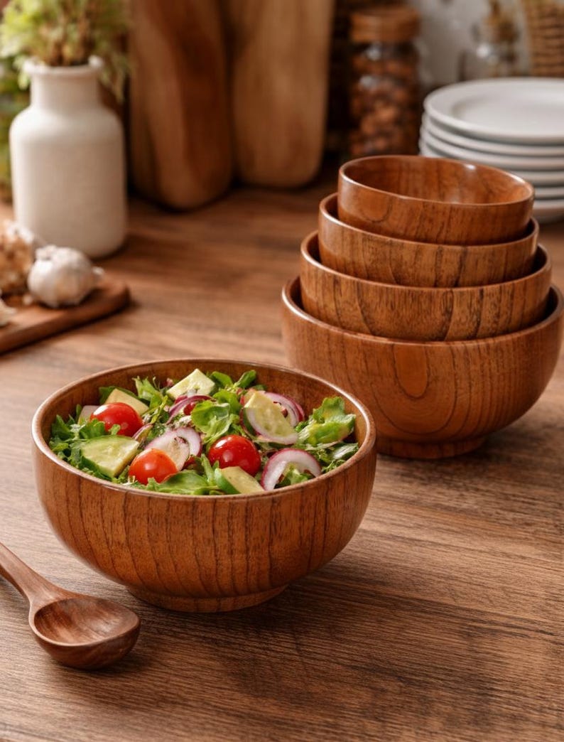 Puede incluir: Un juego de cuencos de ensalada de madera de diferentes tama&ntilde;os, apilados y colocados sobre una superficie de madera. Un cuenco est&aacute; lleno de una ensalada fresca con tomates, pepinos y cebollas rojas. Una cuchara de madera est&aacute; cerca. Los cuencos tienen un acabado de veta de madera natural.
