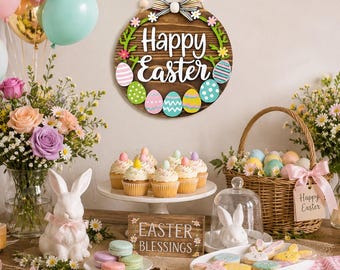 Rustic Wooden Happy Easter Hanging Sign, Farmhouse Spring Bunny Egg Wreath Ornament