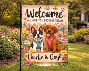 Bandera de jardín personalizada para perros, bandera de bienvenida para mascotas personalizada, bandera de jardín para amantes de los perros, bandera de bienvenida "Esperamos que hayas traído golosinas", decoración de jardín para mascotas