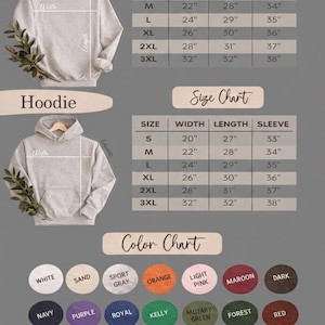 Puede incluir: Imagen de un su&eacute;ter y una sudadera con capucha de color gris claro, con tablas de tallas y una carta de colores. La tabla de tallas muestra medidas en cm para el ancho, el largo y el largo de la manga. La carta de colores muestra varios colores.