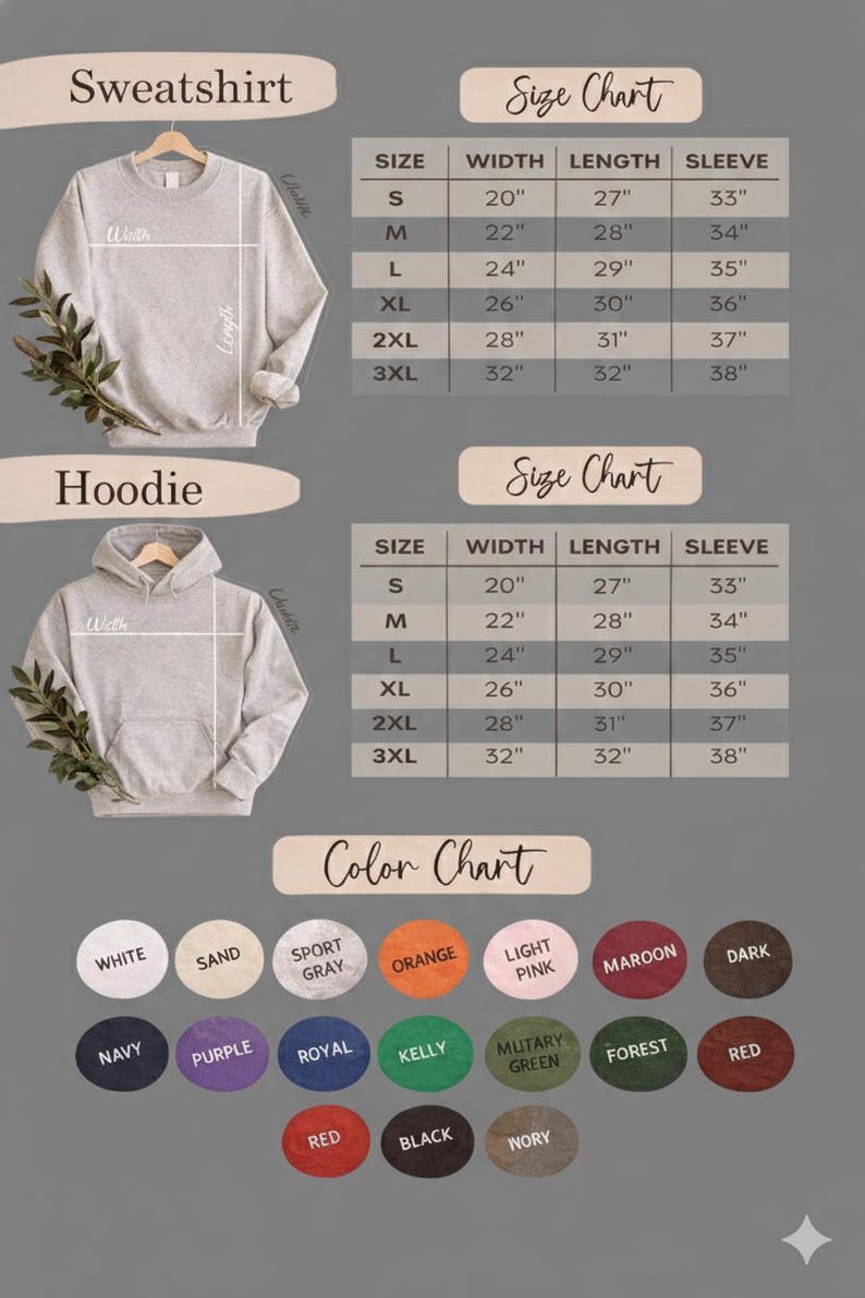 Puede incluir: Imagen de un su&eacute;ter y una sudadera con capucha de color gris claro, con tablas de tallas y una carta de colores. La tabla de tallas muestra medidas en cm para el ancho, el largo y el largo de la manga. La carta de colores muestra varios colores.