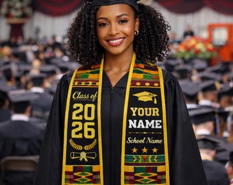 Estola de graduación Kente 2026, banda de graduación africana, estola personalizada para graduados negros, regalo personalizado para la clase de 2026 con temática afrocéntrica.