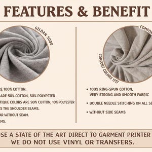 Puede incluir: Gr&aacute;fico informativo con el texto "FEATURES & BENEFIT" y muestras de tela. El lado izquierdo detalla la composici&oacute;n de la tela Gildan 5000, incluyendo colores lisos 100% algod&oacute;n. El lado derecho destaca la tela Comfort Colors 1717, hecha de 100% algod&oacute;n hilado en anillo.