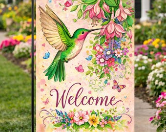 Bandera de jardín de bienvenida con colibríes, bandera de jardín con colibríes, bandera de jardín floral, decoración de jardín de primavera con colibríes, bandera de jardín con mariposas