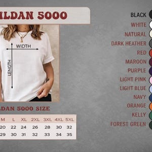 Puede incluir: Camiseta blanca Gildan 5000 con opciones de tallas y colores. El ancho de la camiseta var&iacute;a de 45,7 a 81,3 cm, y el largo de 71,1 a 88,9 cm. Las opciones de color incluyen negro, blanco, natural, gris oscuro, rojo, granate, morado, rosa claro, azul claro, marino, naranja, kelly y verde bosque.
