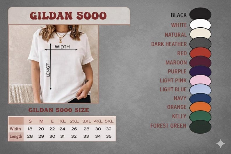 Puede incluir: Camiseta blanca Gildan 5000 con opciones de tallas y colores. El ancho de la camiseta var&iacute;a de 45,7 a 81,3 cm, y el largo de 71,1 a 88,9 cm. Las opciones de color incluyen negro, blanco, natural, gris oscuro, rojo, granate, morado, rosa claro, azul claro, marino, naranja, kelly y verde bosque.