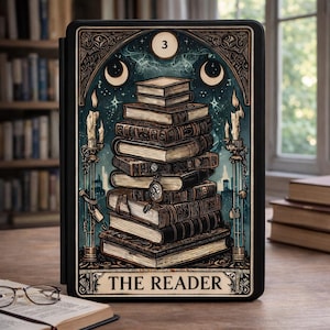 May include: A black tablet case with a tarot card design. The card shows a stack of books against a starry backdrop, with candles and the words "THE READER". The number "3" is at the top.