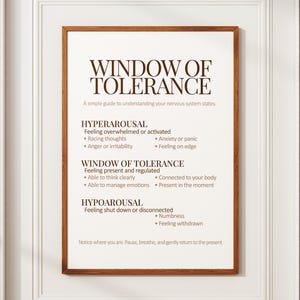 Può includere: Una stampa da parete incorniciata intitolata Window of Tolerance con testo marrone scuro su sfondo bianco. Descrive gli stati del sistema nervoso tra cui iperattivazione, finestra di tolleranza e ipoattivazione con elenchi puntati.