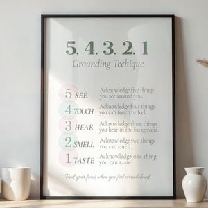 May include: A framed print with the text "5.4.3.2.1 Grounding Technique" in a black frame. The print lists steps to help with grounding, with the text "5 SEE, 4 TOUCH, 3 HEAR, 2 SMELL, 1 TASTE". Decorative vases and dried plants are in the background.