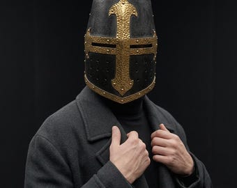 Medieval Crusader Helm | Blackened Steel Knight Helmet with Hammered Brass Cross | Handcrafted Templar Armor