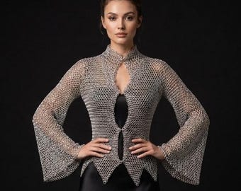 Gothic Chainmail Cardigan Top | Flared Sleeve Metal Mesh Shirt | High Collar Renaissance Armor | Avant Garde Cyberpunk Festival Apparel