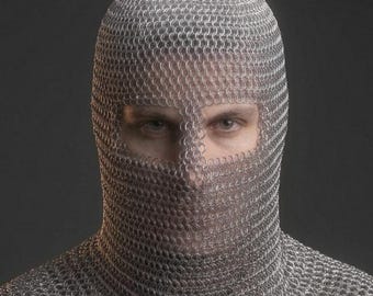 Unisex Full Face Chainmail Coif | Lightweight Aluminum Medieval Armor Hood | For Men & Women Costume
