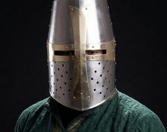 Medieval Crusader Steel Helm | Hand Forged Steel Knight Armor Helmet | Brass Cross Cosplay Gift