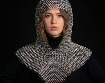Medieval Chainmail Coif Headpiece | European 4-in-1 Metal Mesh Hood for Women | V-Neck Festival & Gothic Cosplay Armor