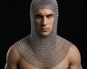 Handcrafted Aluminium Chainmail Coif | Medieval Armor Hood for LARP Cosplay | Shoulder Ventail Silver