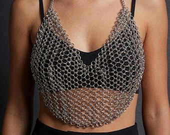 Halloween Costume | Gothic Chainmail Halter Top | Silver Body Chain Bra | Festival Crop Top Bralette